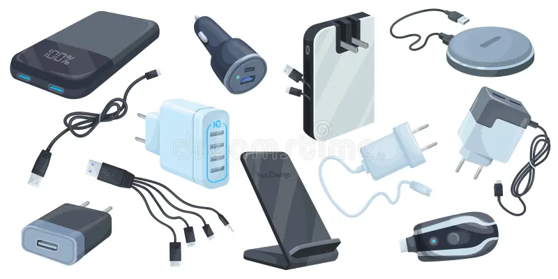 Mobile charger adapter USB cable and smartphone accessories collection